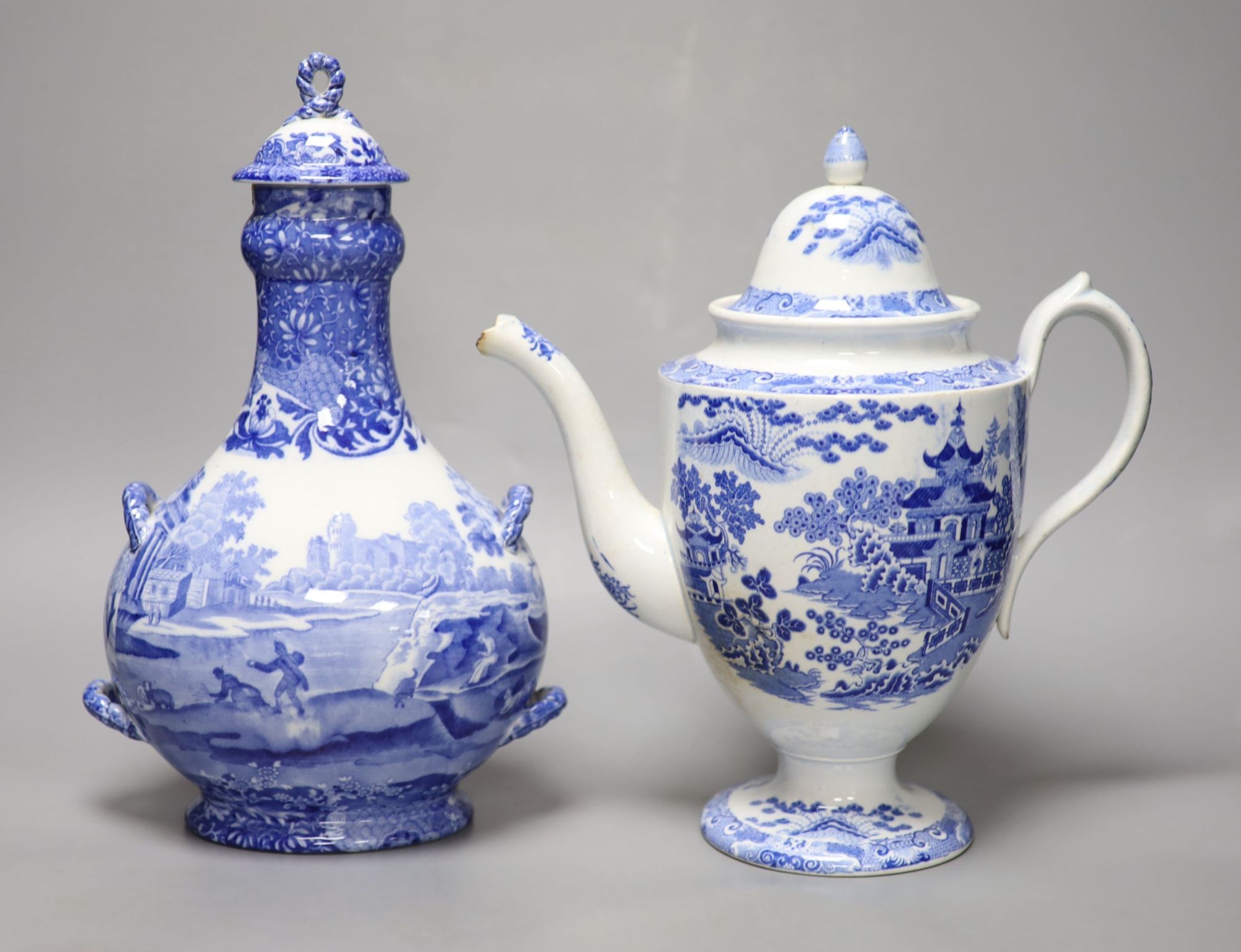 A Staffordshire pearlware blue and white pottery coffee pot and a Copeland Spode pilgrim flask, tallest 31cm